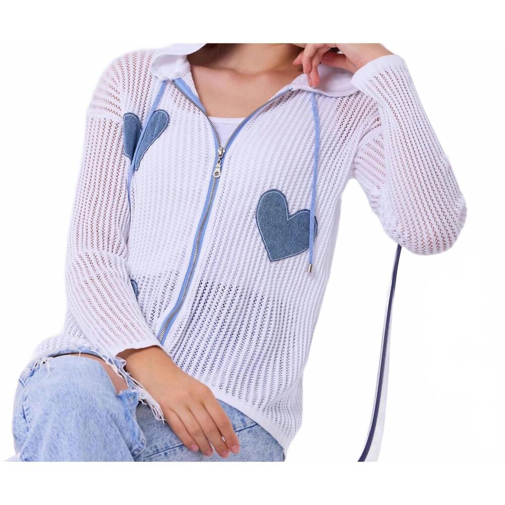 NEW FRENCH KYSS heart crochet hoodie in white/denim